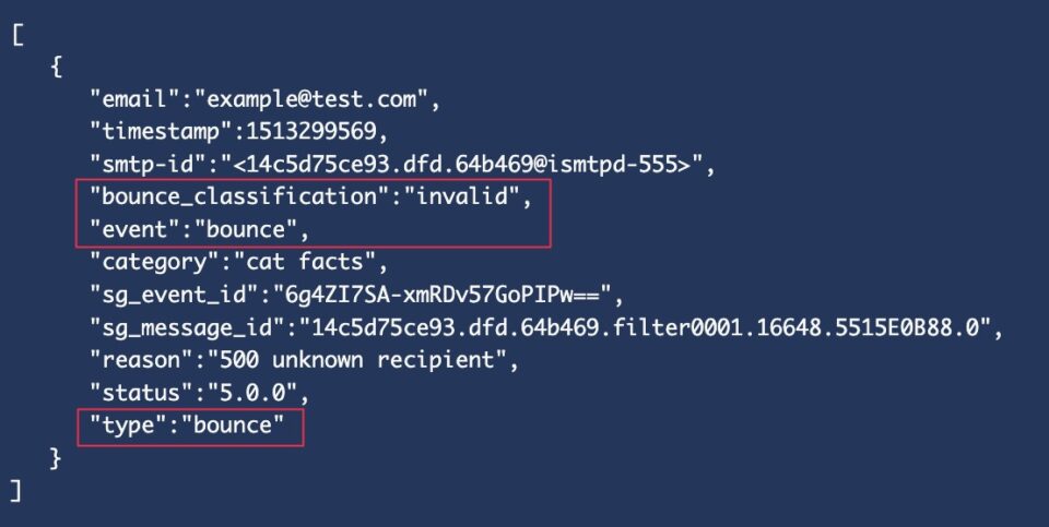 SendGrid Event Webhook displaying an email bounce event